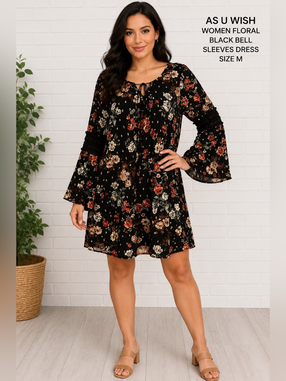 AS U WISH women floral black bell sleeves dress/size M